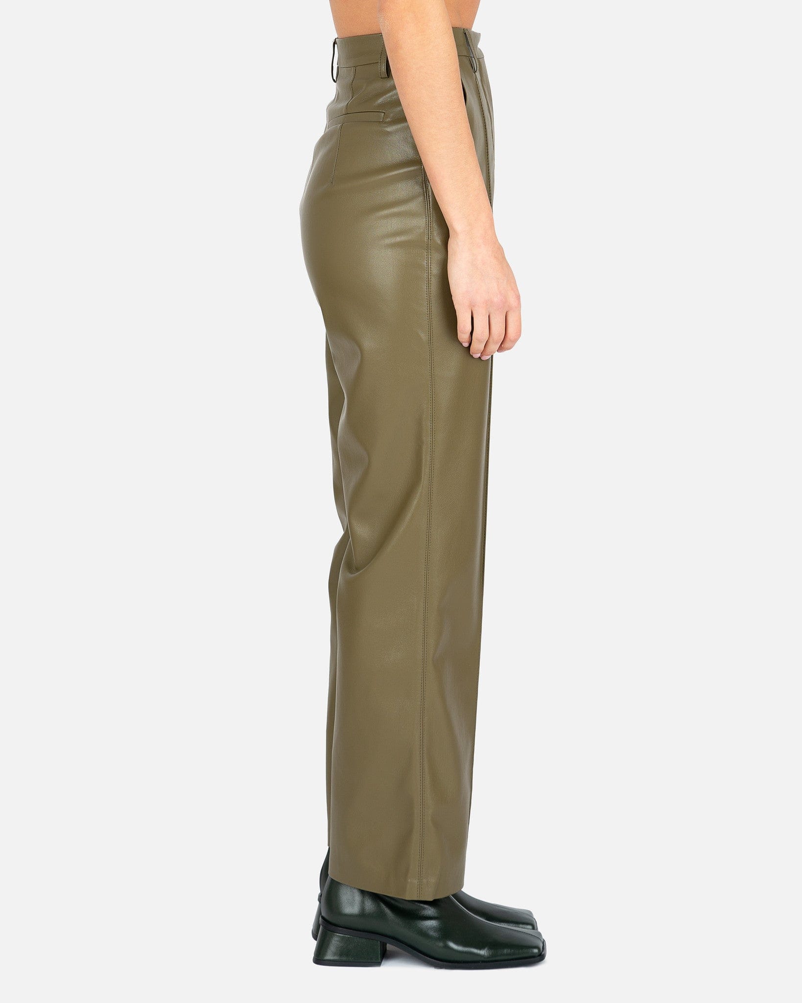 Nanushka Women Pants Lucee Vegan Leather Merrow-Stitch Straight Leg Trousers in Olive