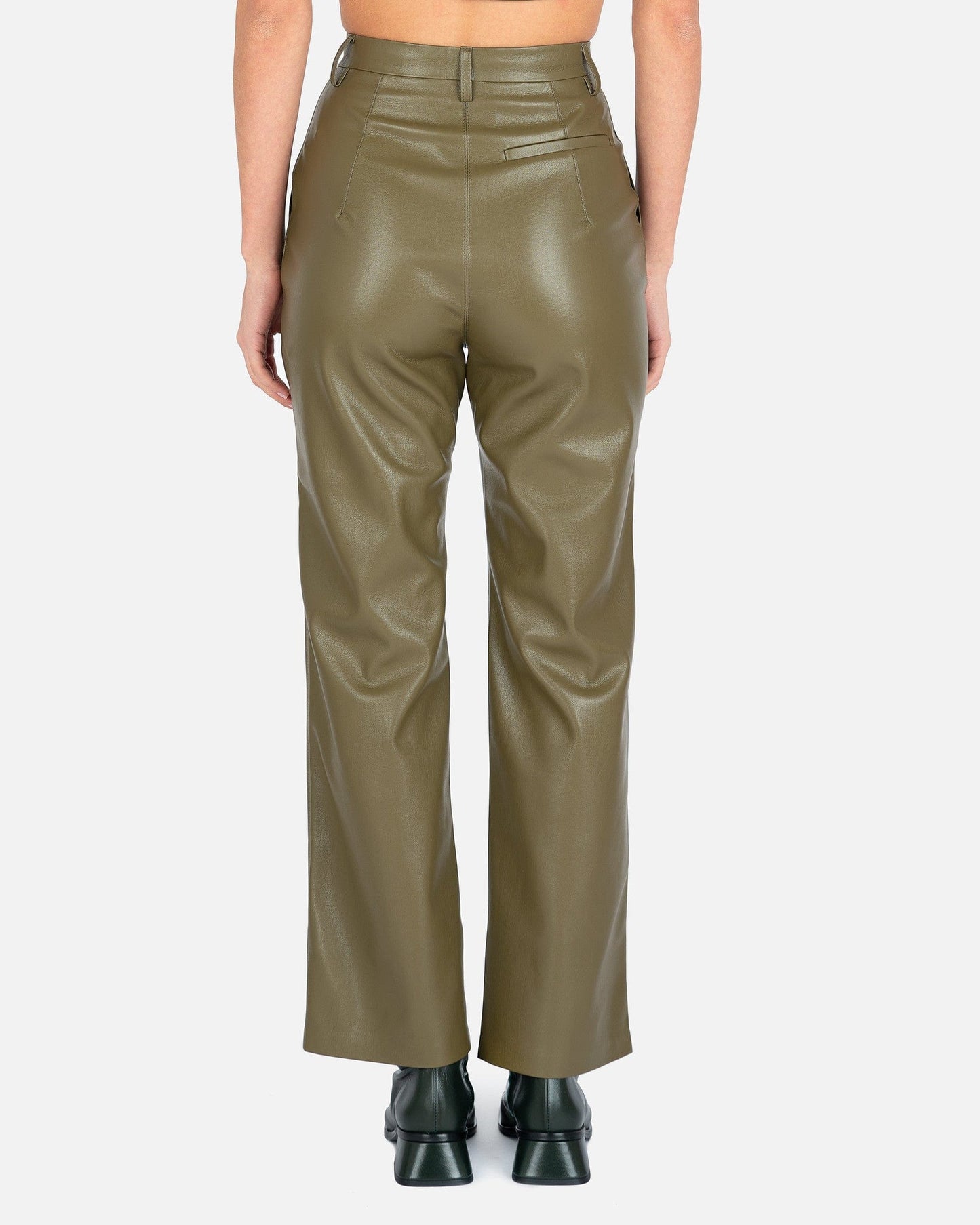 Nanushka Women Pants Lucee Vegan Leather Merrow-Stitch Straight Leg Trousers in Olive