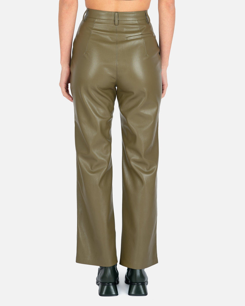 Nanushka Women Pants Lucee Vegan Leather Merrow-Stitch Straight Leg Trousers in Olive