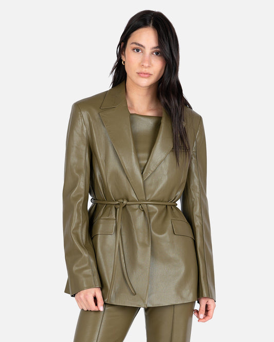 Nanushka Women Jackets Mariko Vegan Leather Tie-Waist Blazer in Olive