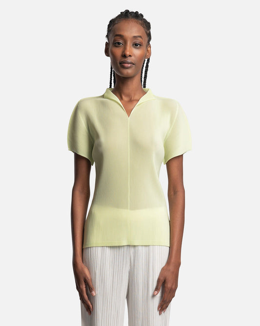 Pleats Please Issey Miyake Women Tops Mist Polo Top in Yellow Green