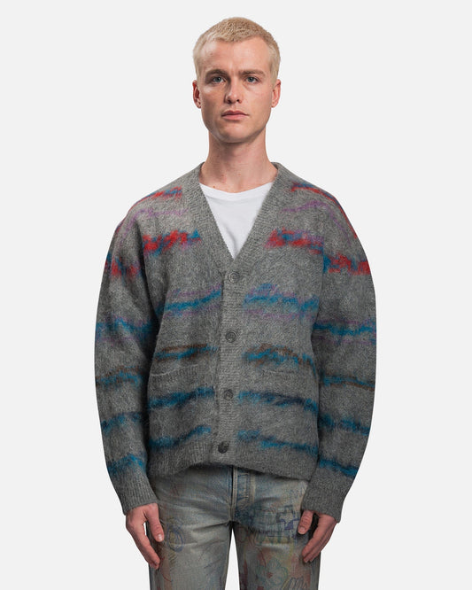 John Elliott Men's Sweater Mohair Jacquard Cardigan in Grey/Purple