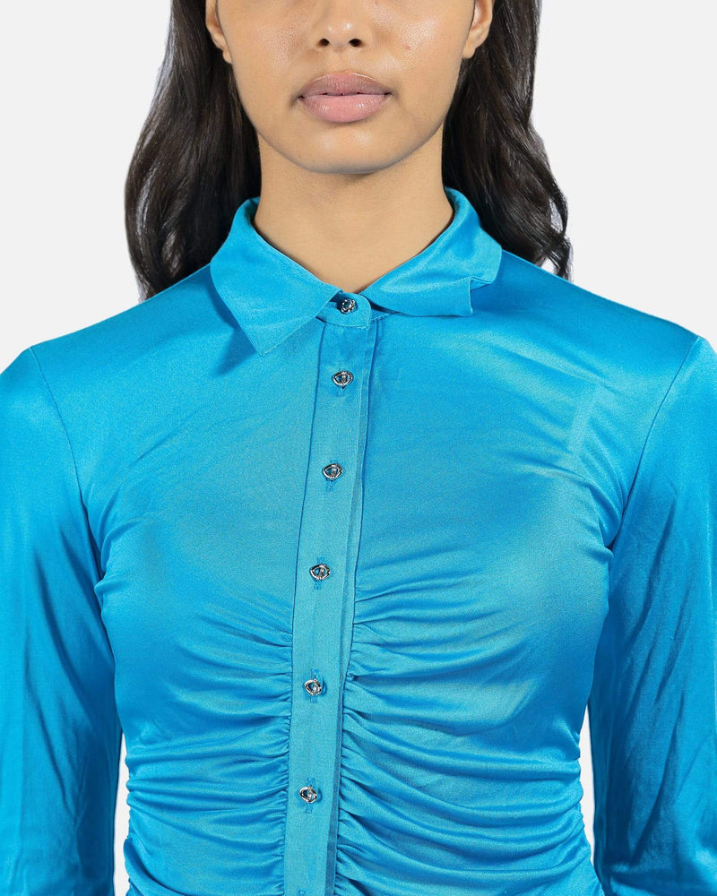 Andersson Bell Women Tops Morris Courouled Silk Shirring Blouse in Blue