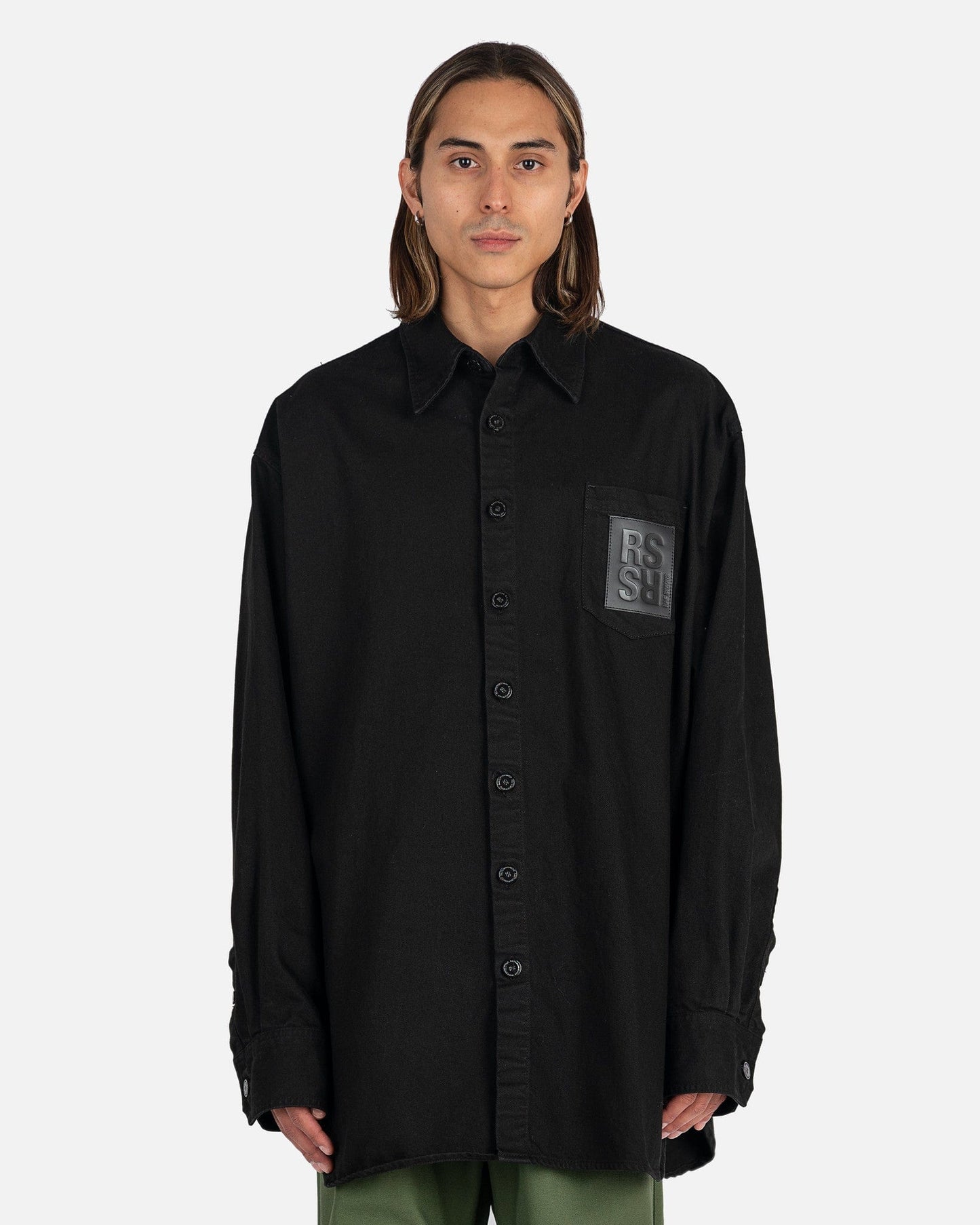 Raf Simons Men's Shirts Oversized Denim Shirt with R Pin in Back in Black