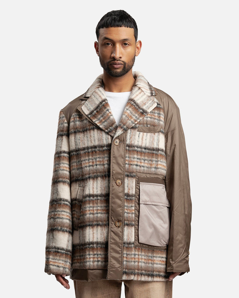 Feng Chen Wang Men's Jackets Paneled Flannel Suit Coat in Khaki Check