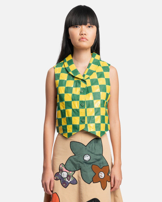 ERL Women Tops Patchwork Checkers Leather Vest in Yellow