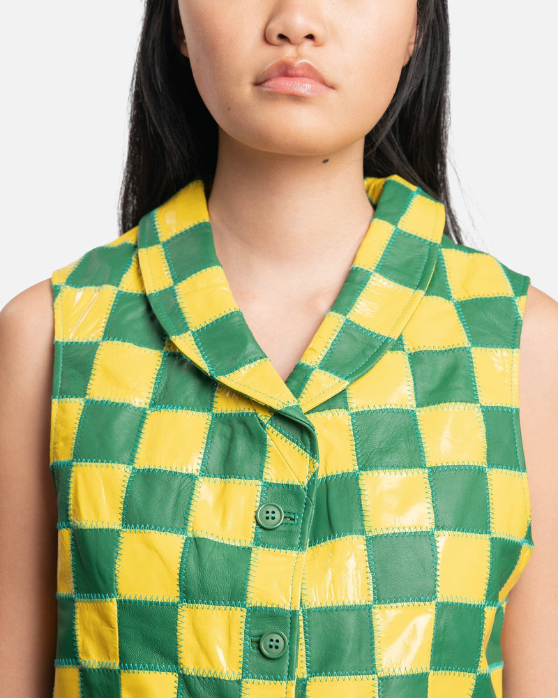 ERL Women Tops Patchwork Checkers Leather Vest in Yellow