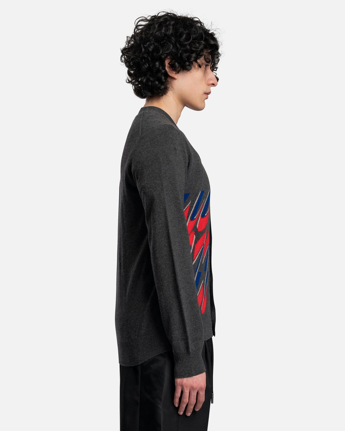 Comme des Garcons Homme Deux Men's Sweater Pattern-Knit Wool Cardigan in Dark Grey