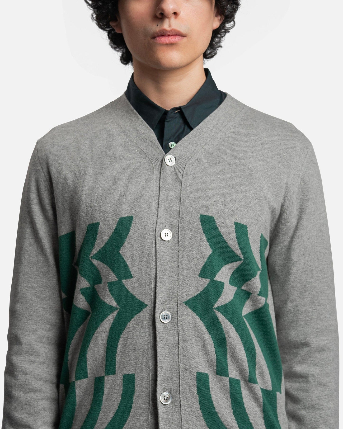 Comme des Garcons Homme Deux Men's Sweater Pattern-Knit Wool Cardigan in Light Grey