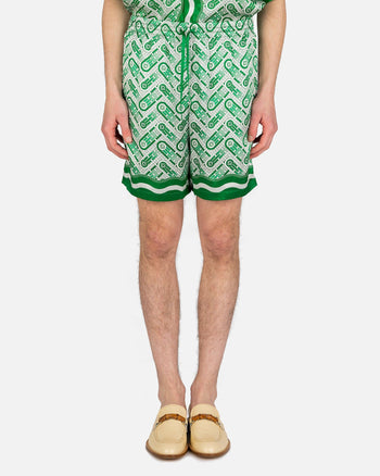Casablanca Men's Shorts Ping Pong Monogram Drawstring Silk Shorts in Green