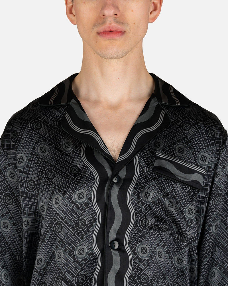Casablanca Men's Shirts Ping Pong Monogram Long Sleeve Silk Pyjama Shirt in Black