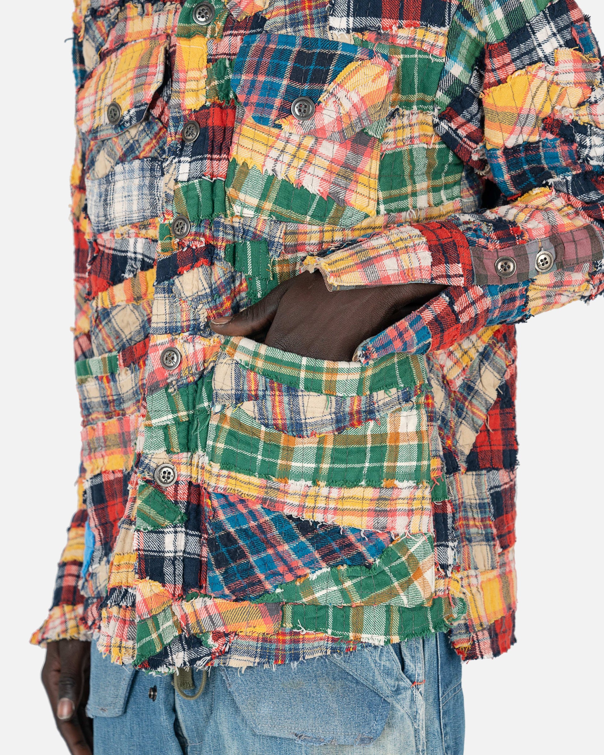 Greg Lauren Men's Jackets Plaid Stitchwork Shawl Collar Boxy in Multi
