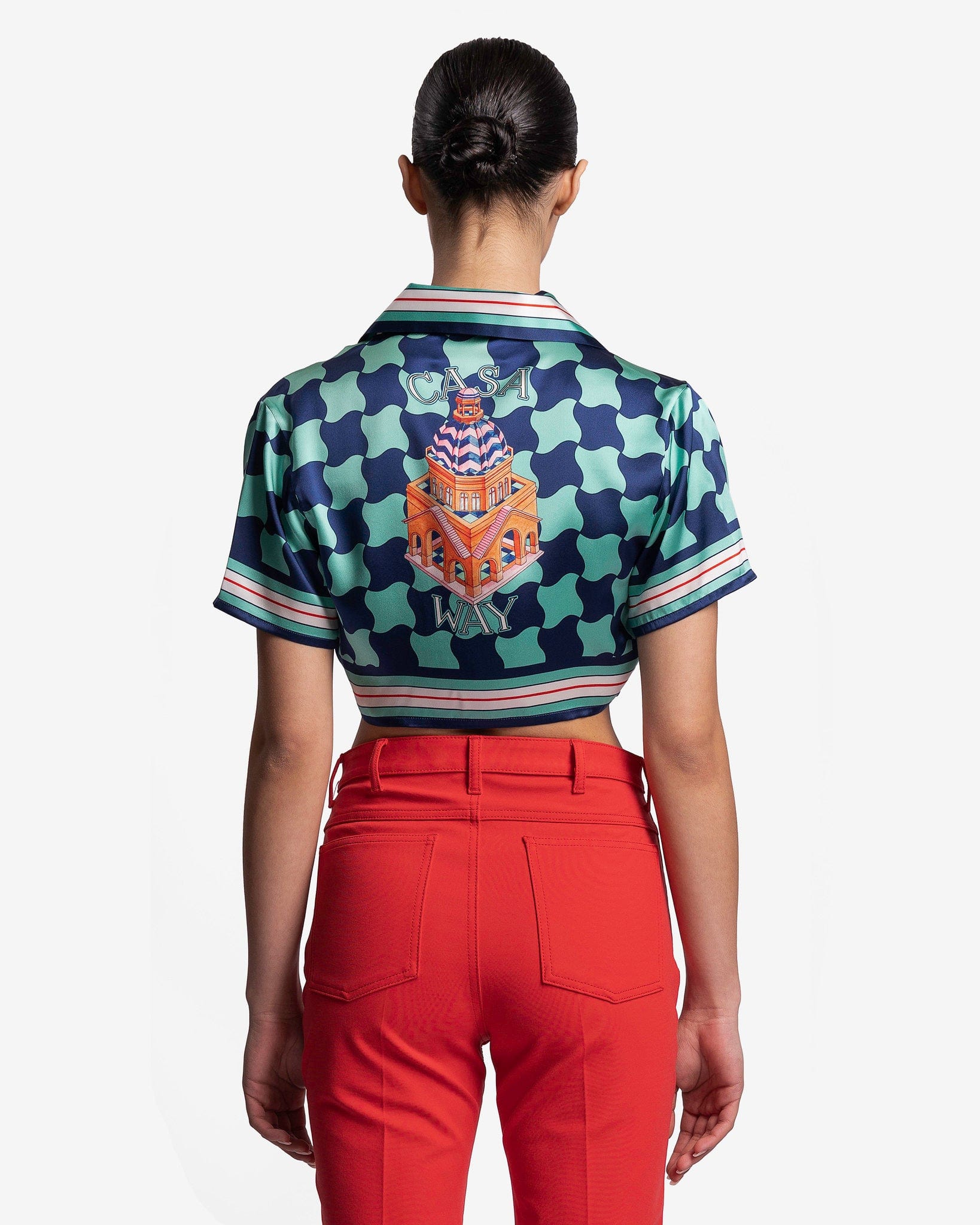 Casablanca Women Tops Pool Tile Cuban Collar Cropped Silk Shirt in Multi
