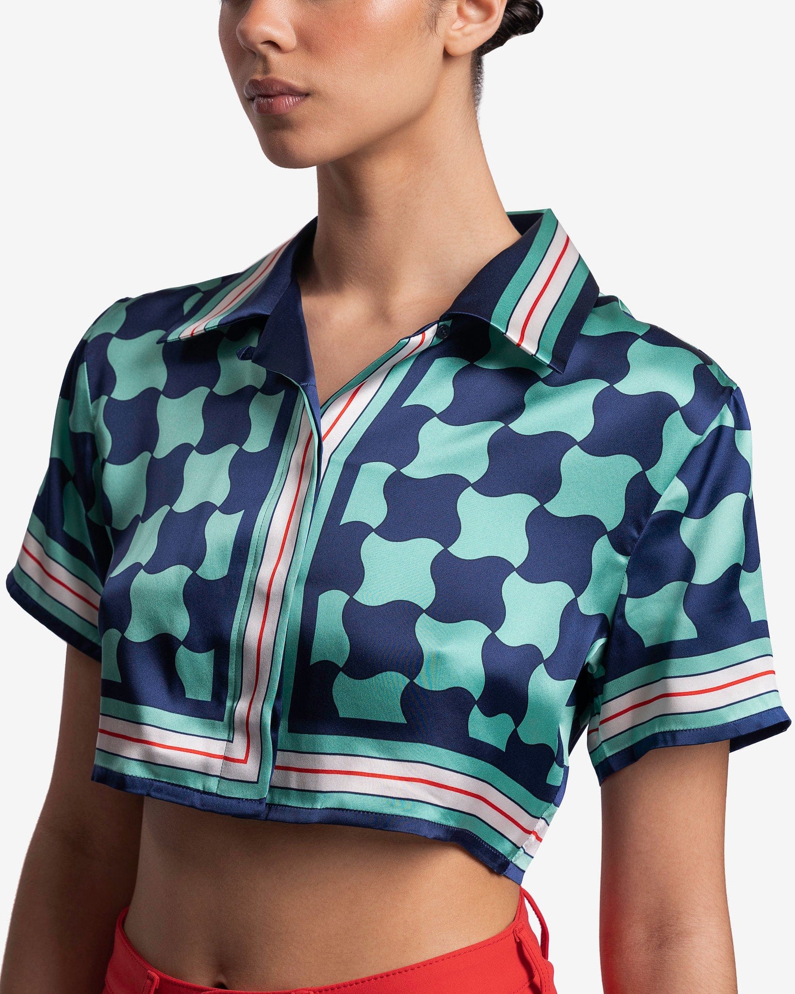 Casablanca Women Tops Pool Tile Cuban Collar Cropped Silk Shirt in Multi