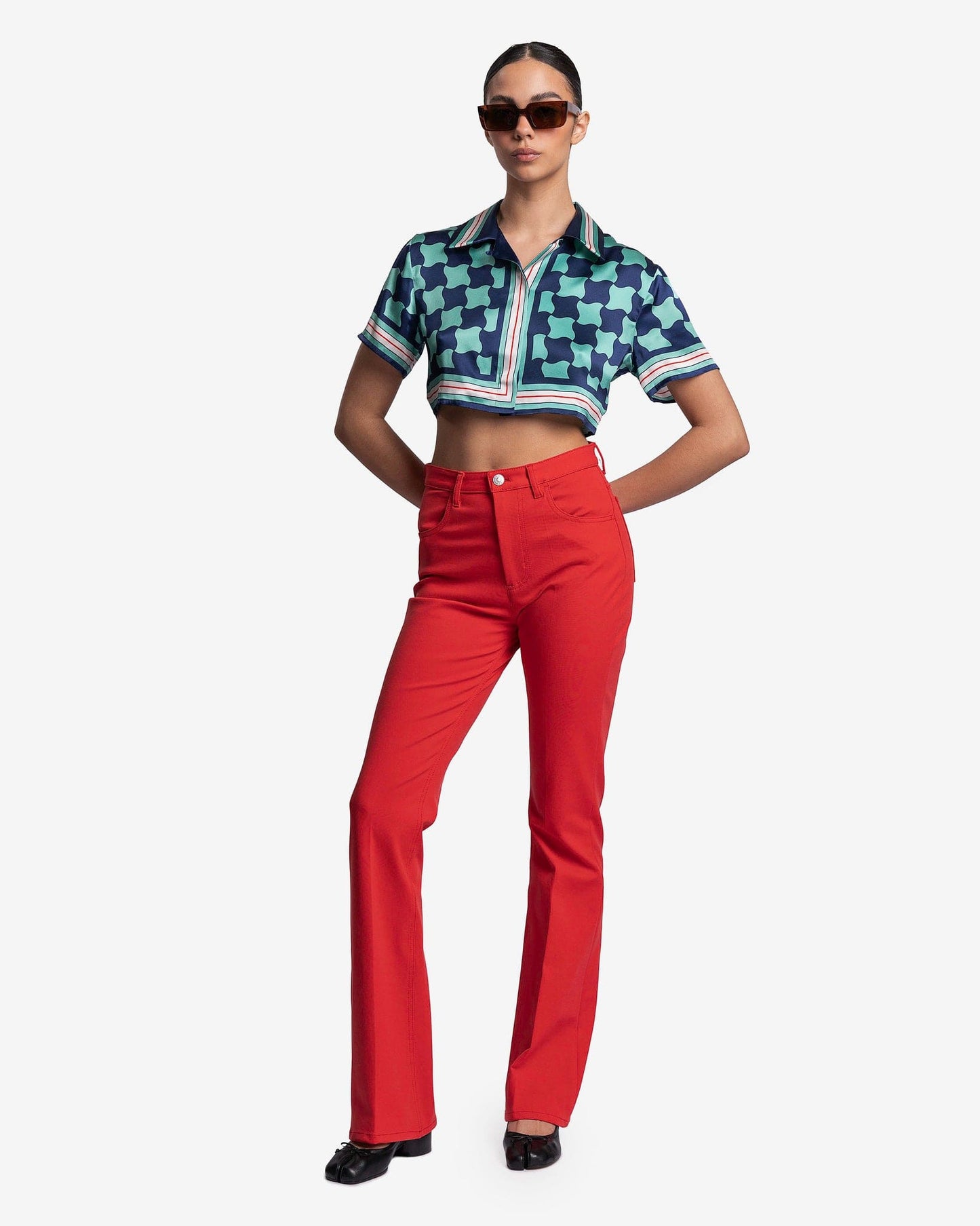 Casablanca Women Tops Pool Tile Cuban Collar Cropped Silk Shirt in Multi