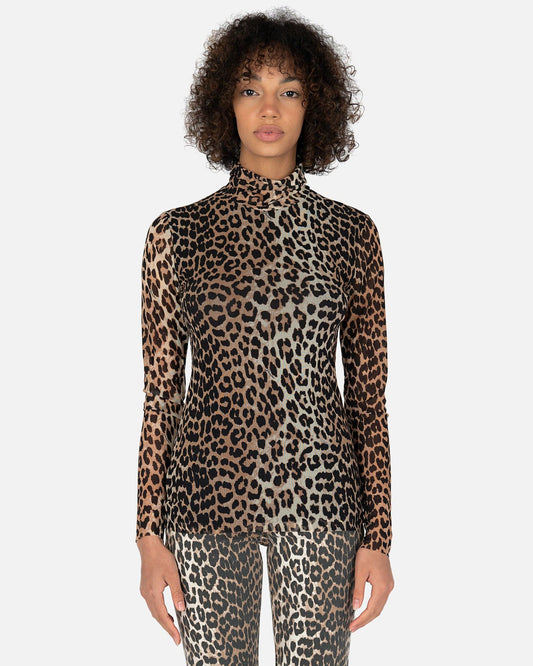 Ganni Women Tops Printed Mesh Top in Leopard Seedpearl
