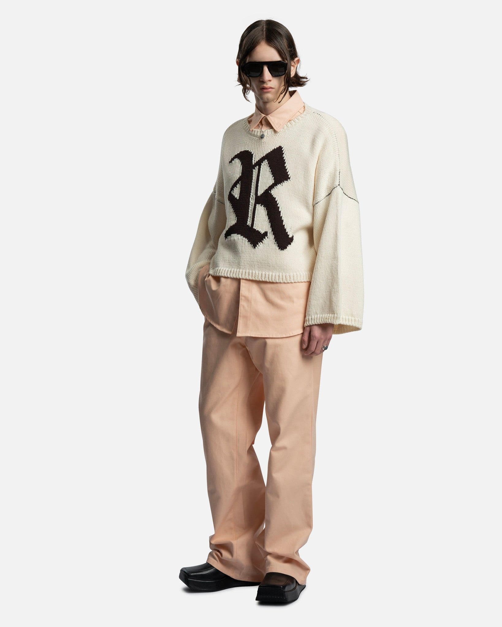 Raf Simons Men's Sweater R Jacquard Bulky Knit Sweater in Pearl