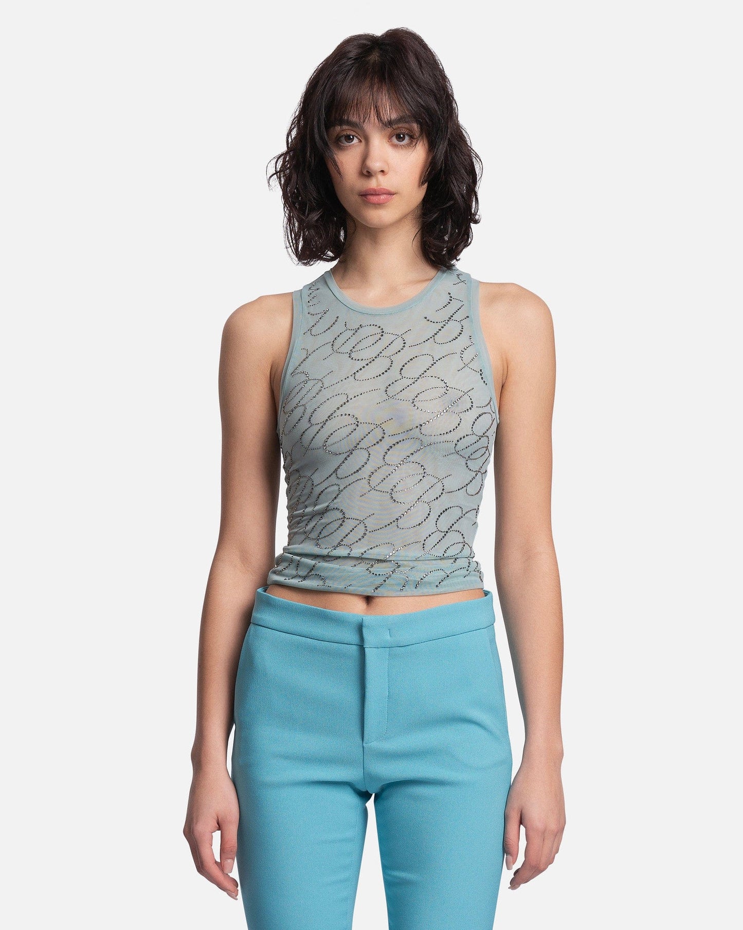 Blumarine Women Tops Rhinestone and Embroidered Tulle Top in Lagoon