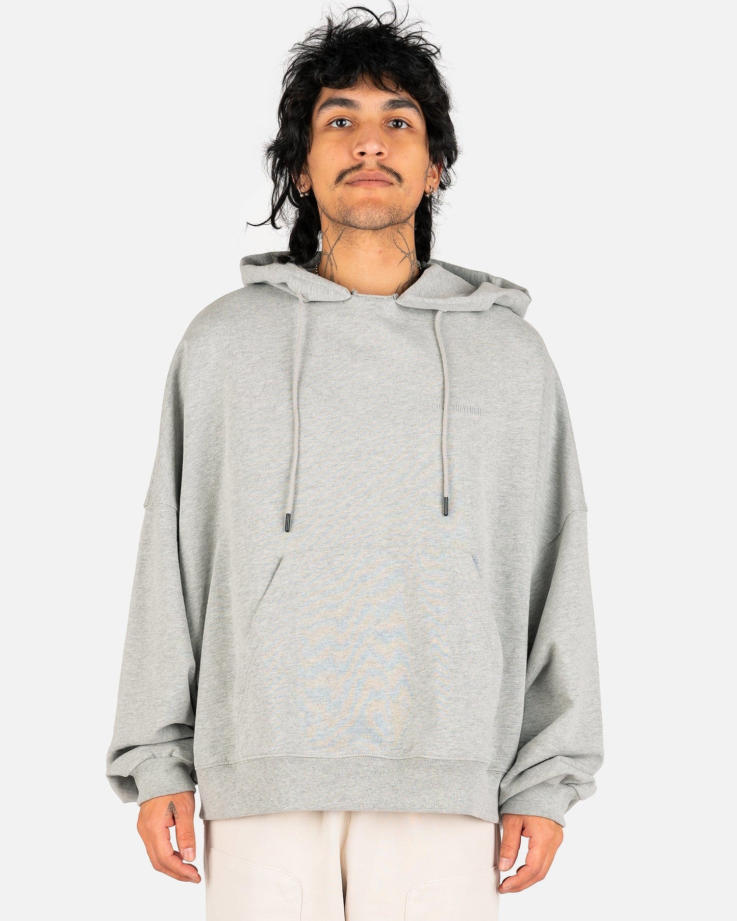 Willy Chavarria Ripped Neck Bomber Hoodie in Heather Grey