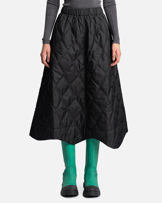 Ganni Women Skirts Ripstop Quilt Wavy Hem Skirt in Black