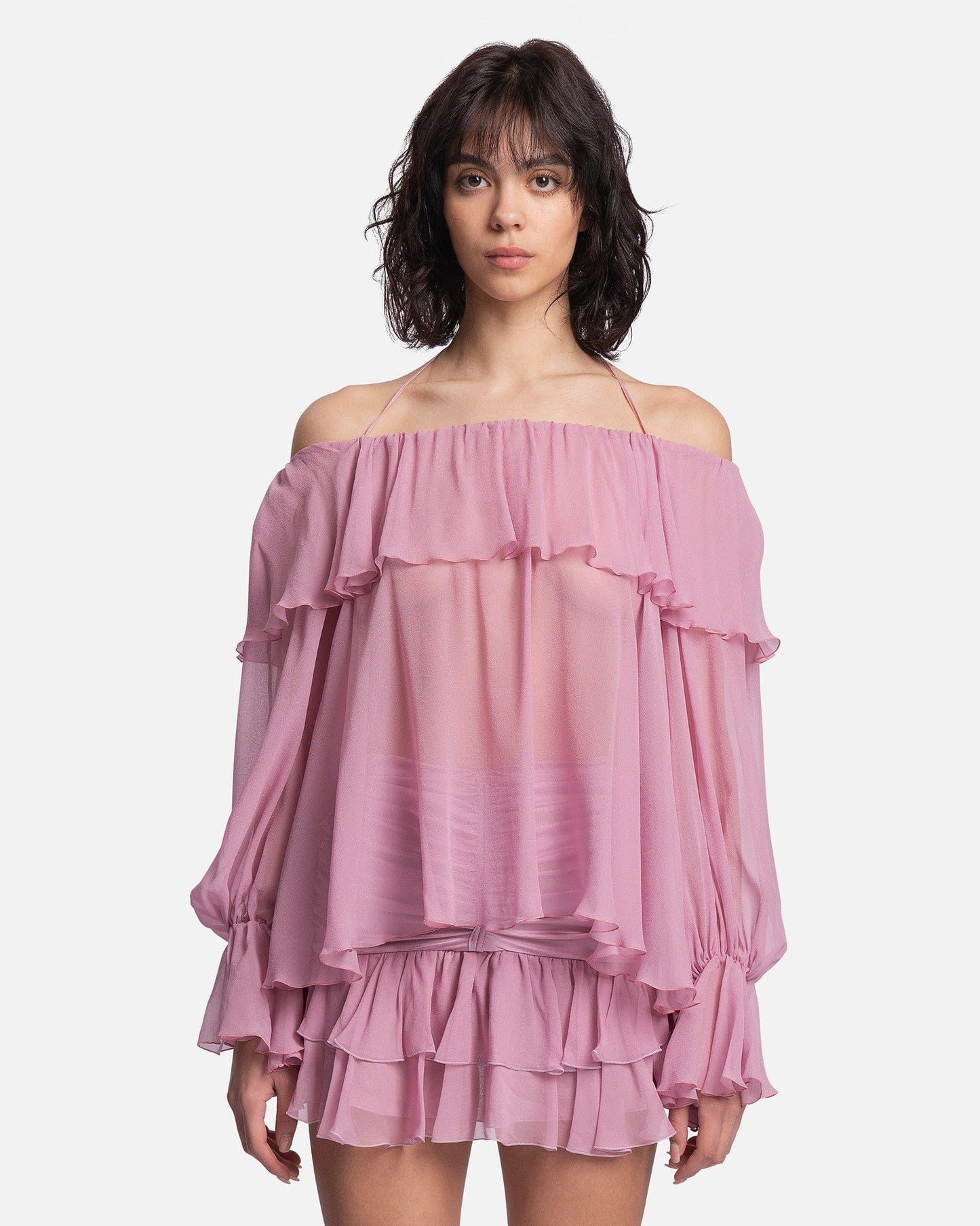 Blumarine Women Tops Ruffled Off-The-Shoulder Blouse in Mauve Orchid