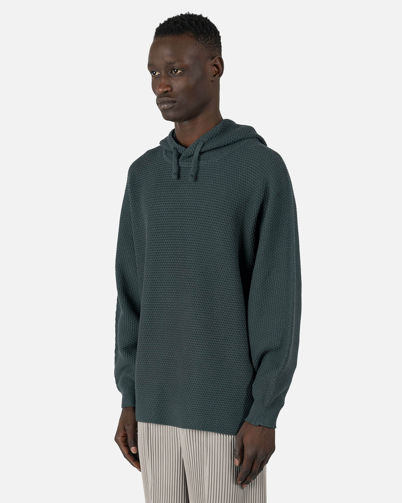 Homme Plissé Issey Miyake Men's Sweatshirts O/S Rustic Knit Hoodie in Teal Green