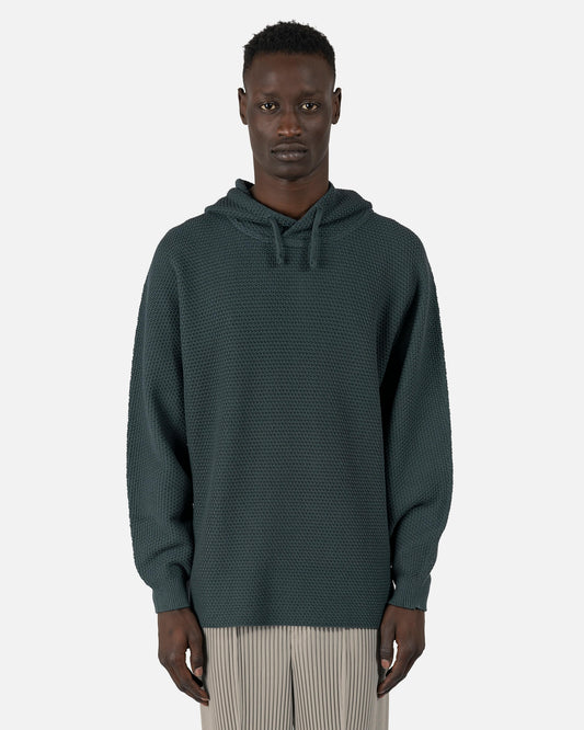 Homme Plissé Issey Miyake Men's Sweatshirts O/S Rustic Knit Hoodie in Teal Green