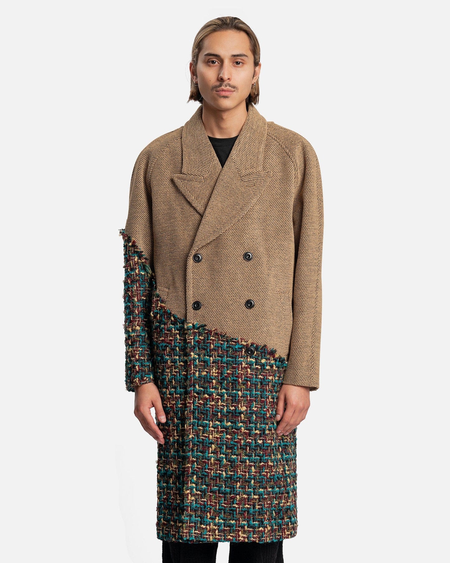 Andersson Bell Men's Coat Saindes Wool Panel Double Breasted Wool Coat in Yellow Twill/Green