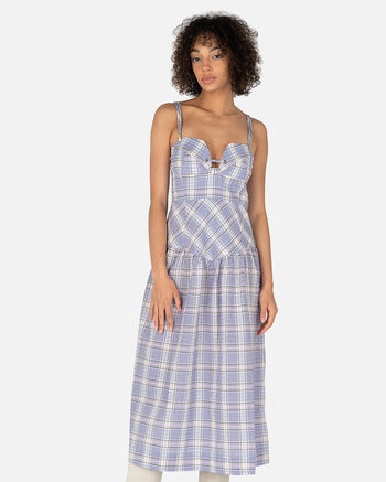 ganni dress purple GANNI Purple Seersucker Check Midi Dress