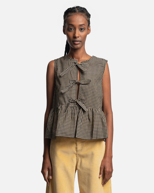 Ganni Women Tops Seersucker Check Sleeveless Ribbon Blouse in Gingham Starfish