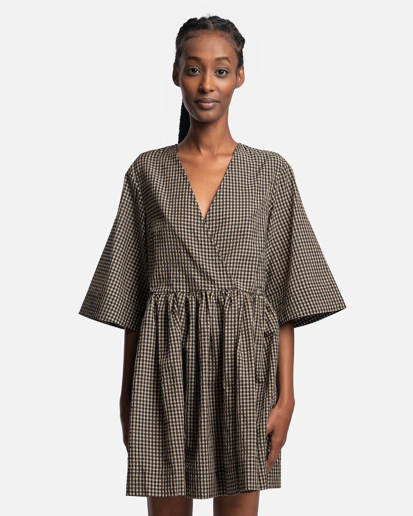 Seersucker Check Wrap Mini Dress in Gingham Starfish SVRN Seersucker Check Wrap Mini Dress in Gingham Starfish SVRN