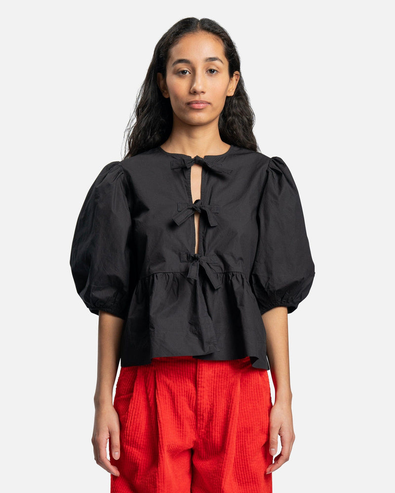 Ganni Women Tops Seersucker Sleeveless Ribbon Blouse in Black