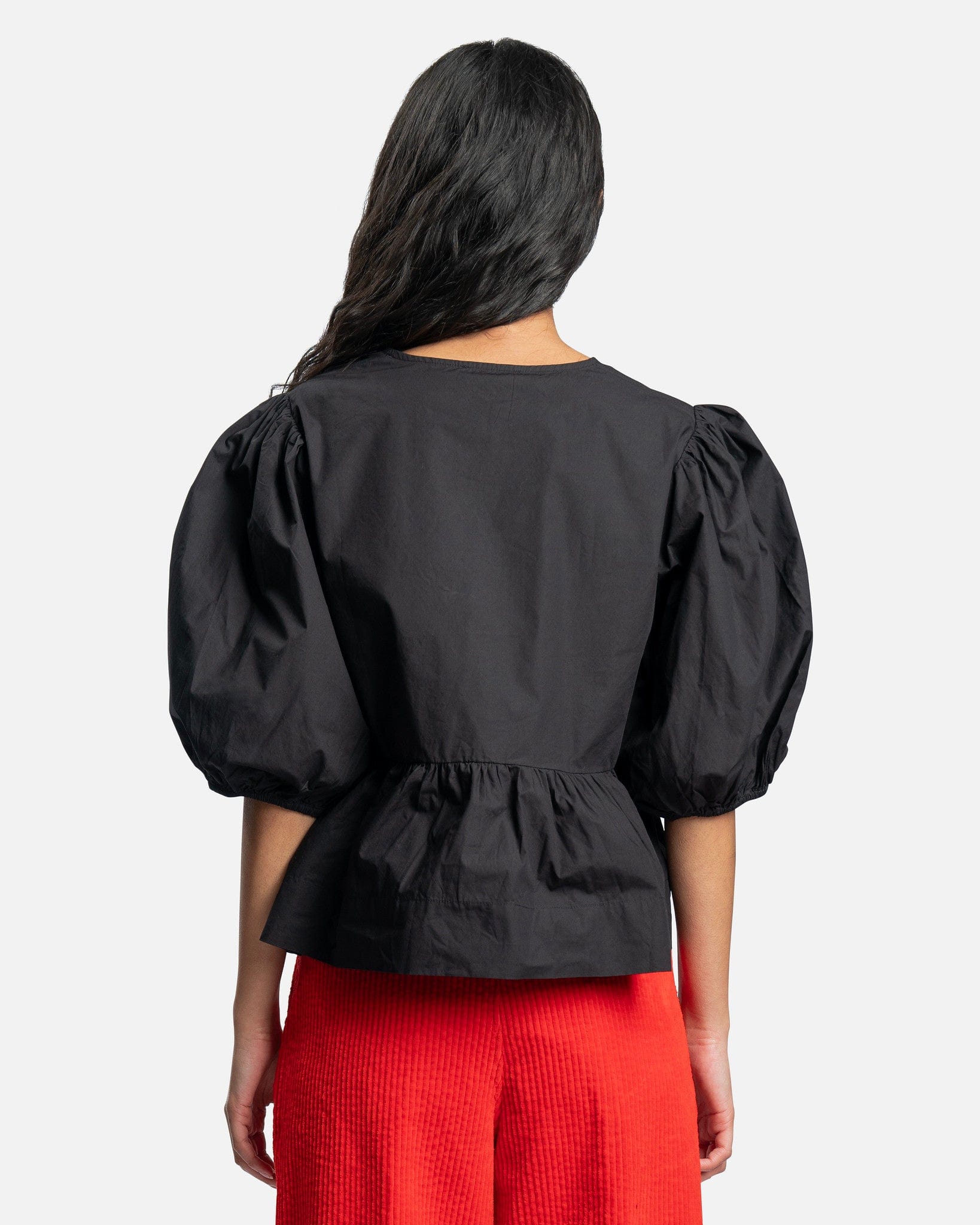 Ganni Women Tops Seersucker Sleeveless Ribbon Blouse in Black