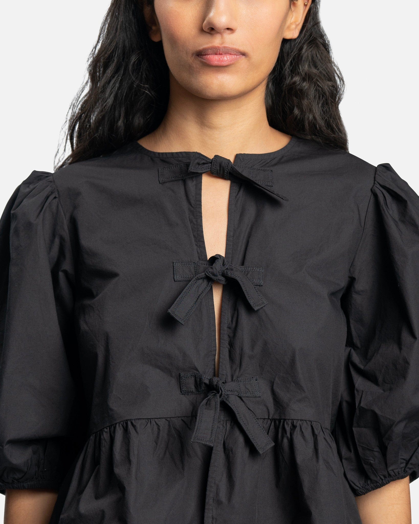Ganni Women Tops Seersucker Sleeveless Ribbon Blouse in Black