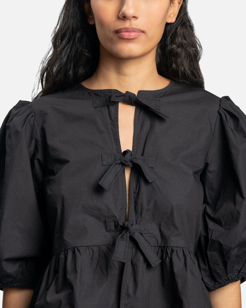 Ganni Women Tops Seersucker Sleeveless Ribbon Blouse in Black