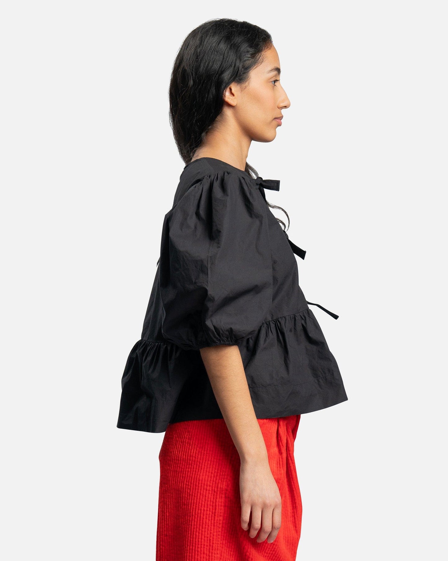 Ganni Women Tops Seersucker Sleeveless Ribbon Blouse in Black