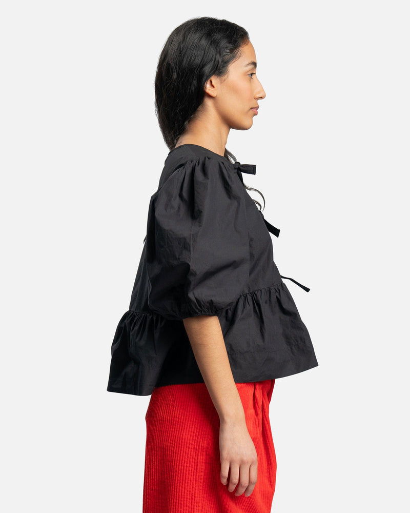 Ganni Women Tops Seersucker Sleeveless Ribbon Blouse in Black