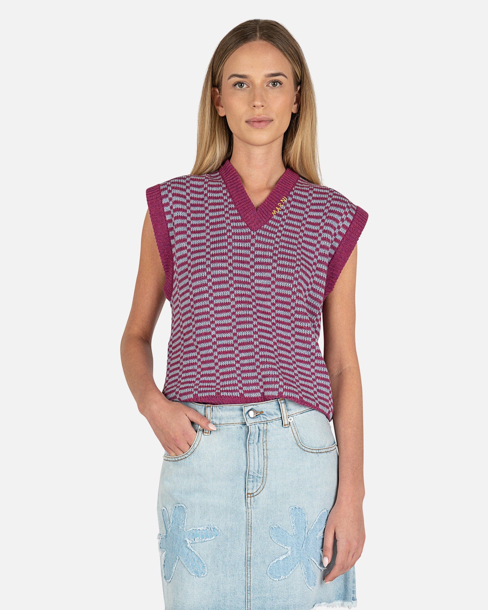 Marni Women Sweaters Shetland Check Virgin Wool V-Neck Vest in Lavender