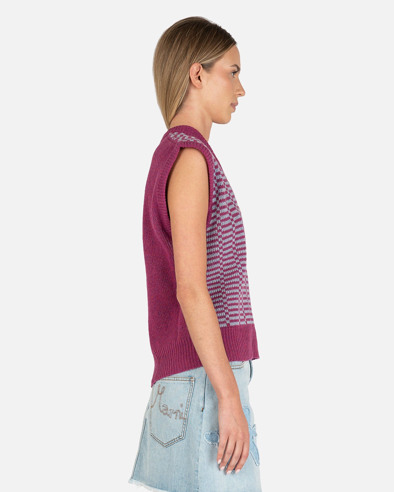 Marni Women Sweaters Shetland Check Virgin Wool V-Neck Vest in Lavender