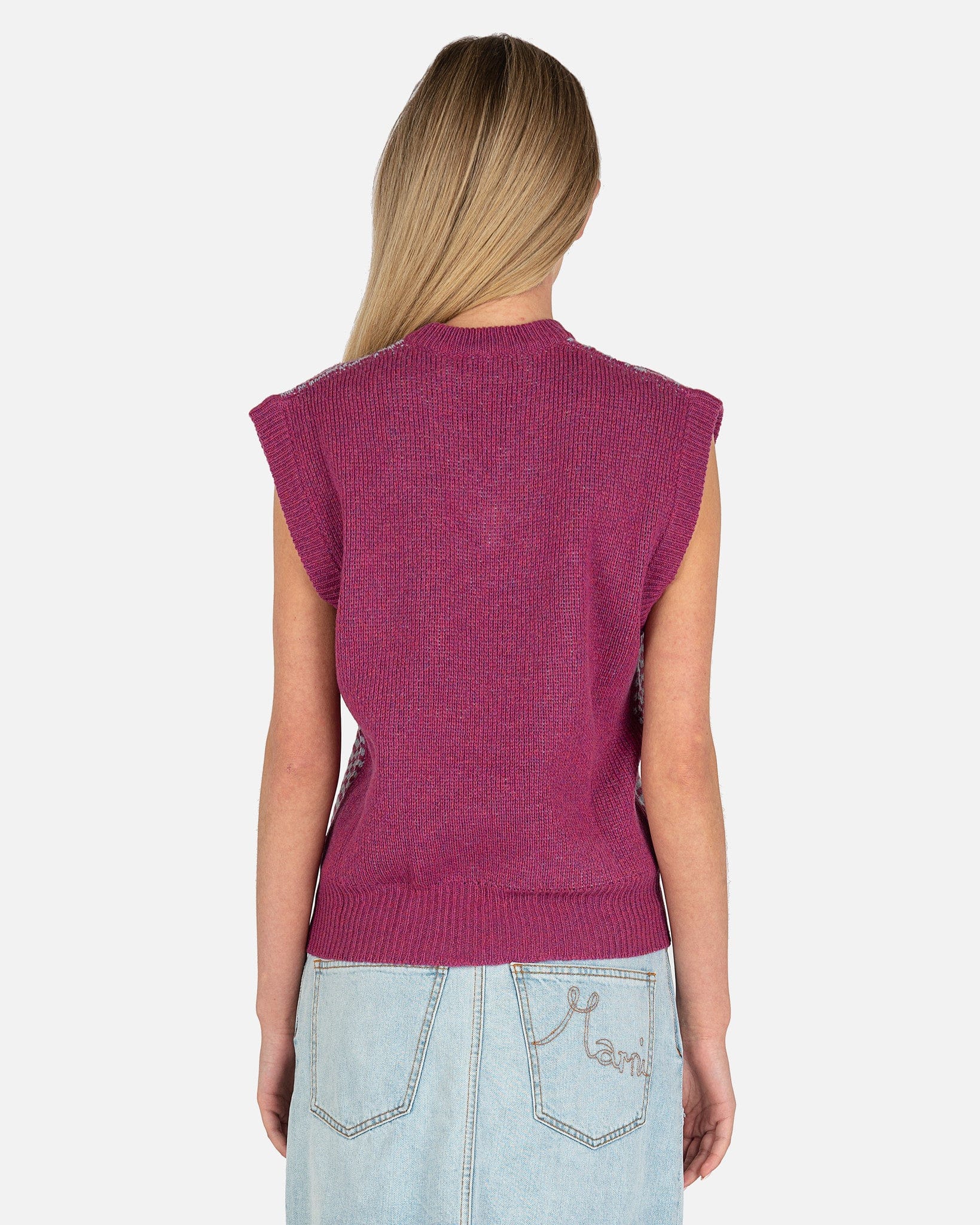 Marni Women Sweaters Shetland Check Virgin Wool V-Neck Vest in Lavender
