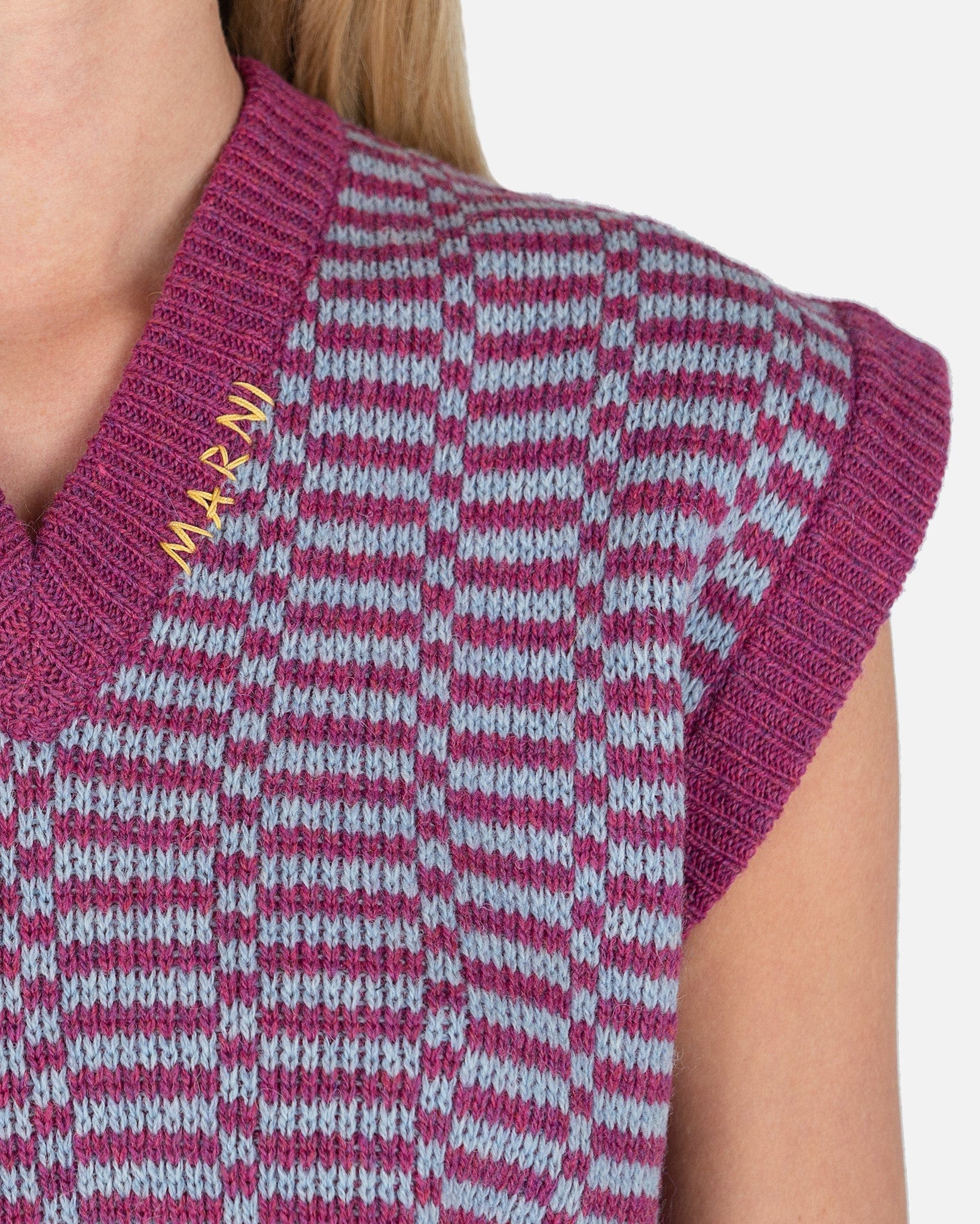 Marni Women Sweaters Shetland Check Virgin Wool V-Neck Vest in Lavender