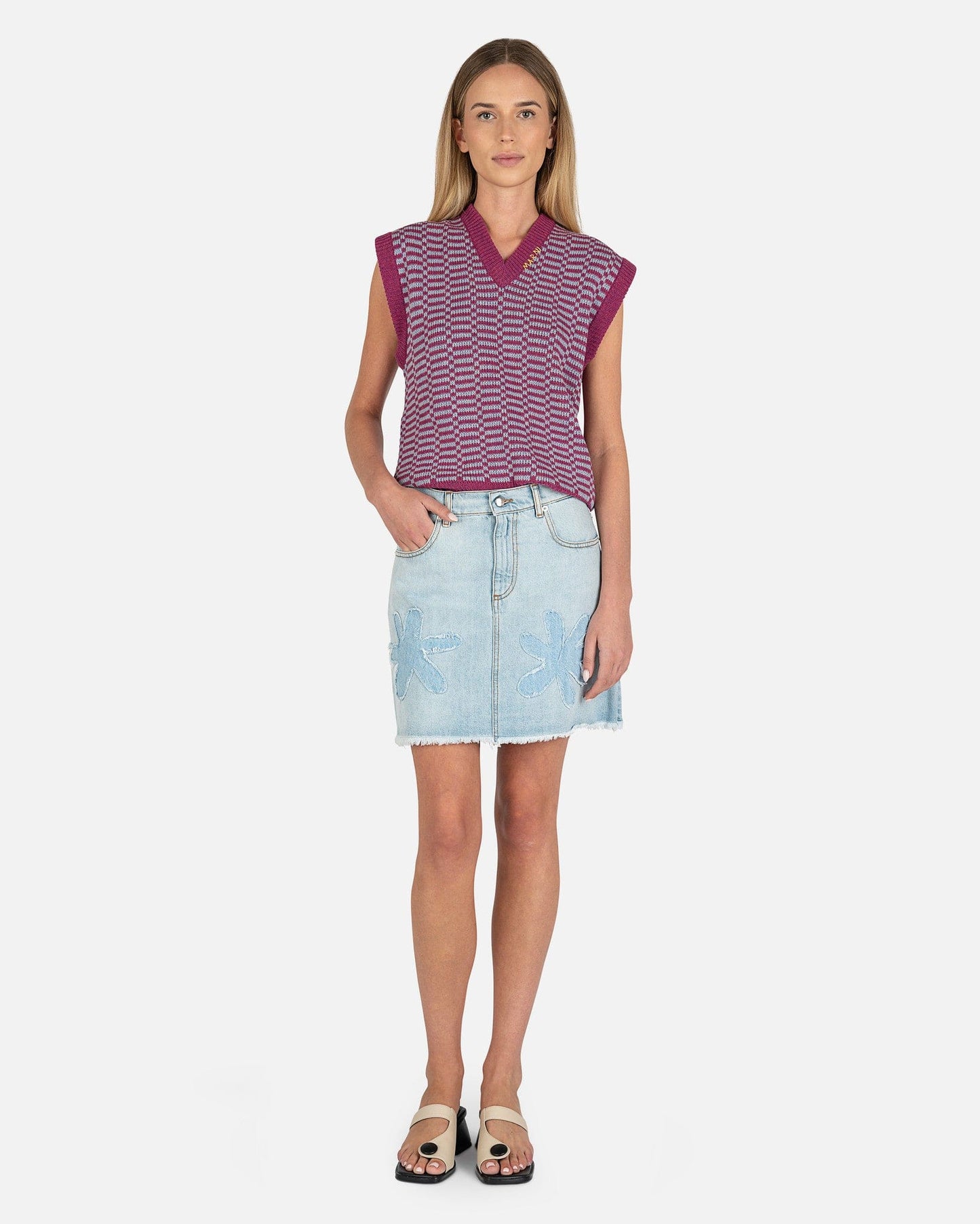 Marni Women Sweaters Shetland Check Virgin Wool V-Neck Vest in Lavender