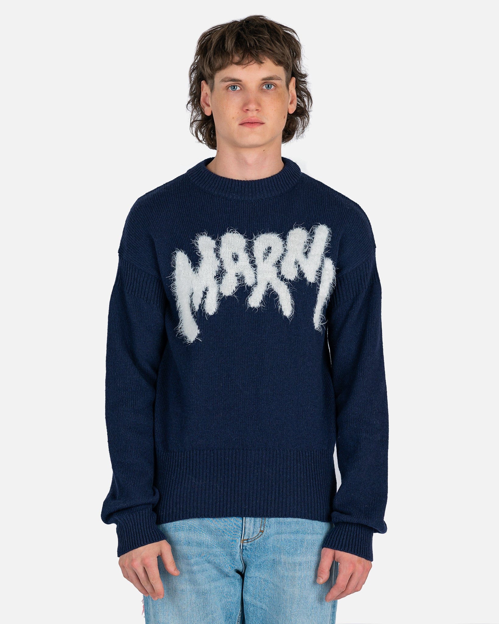 Marni Men's Sweatshirts Shetland Virgin Wool Logo Sweatshirt in Iris