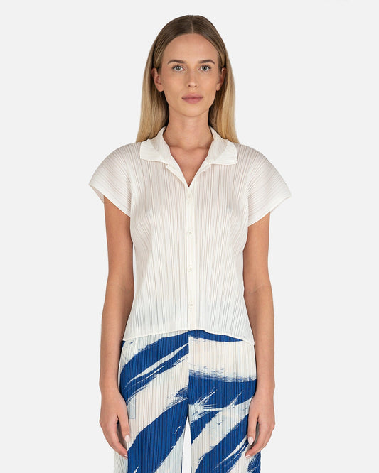 Pleats Please Issey Miyake Women Tops Short Sleeve Pleated Top in Off White