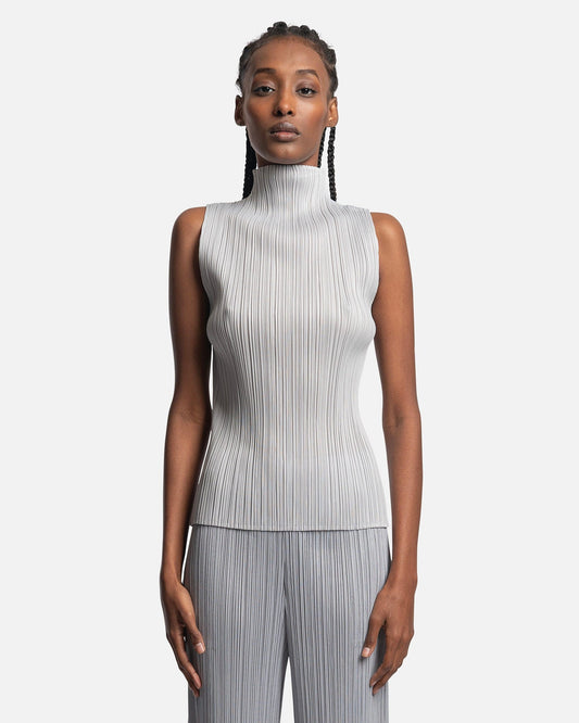 Pleats Please Issey Miyake Women Tops Sleeveless Turtleneck Top in Light Grey