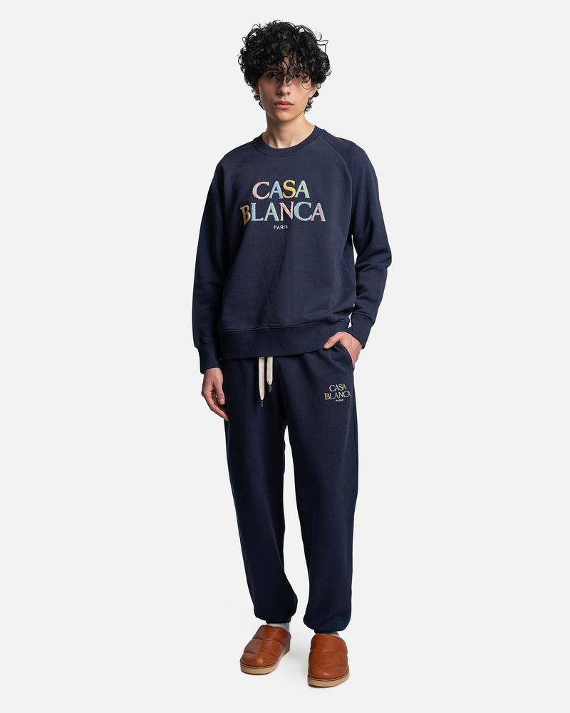 Casablanca Men's Pants Stacked Logo Embroidered Sweatpants in Navy