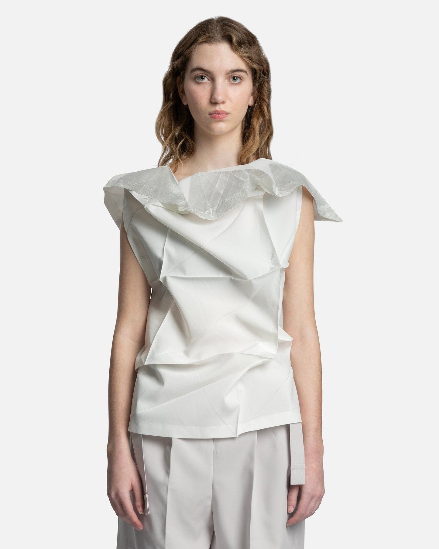 132 5. Issey Miyake Women Tops Standard Blouse in White/Silver