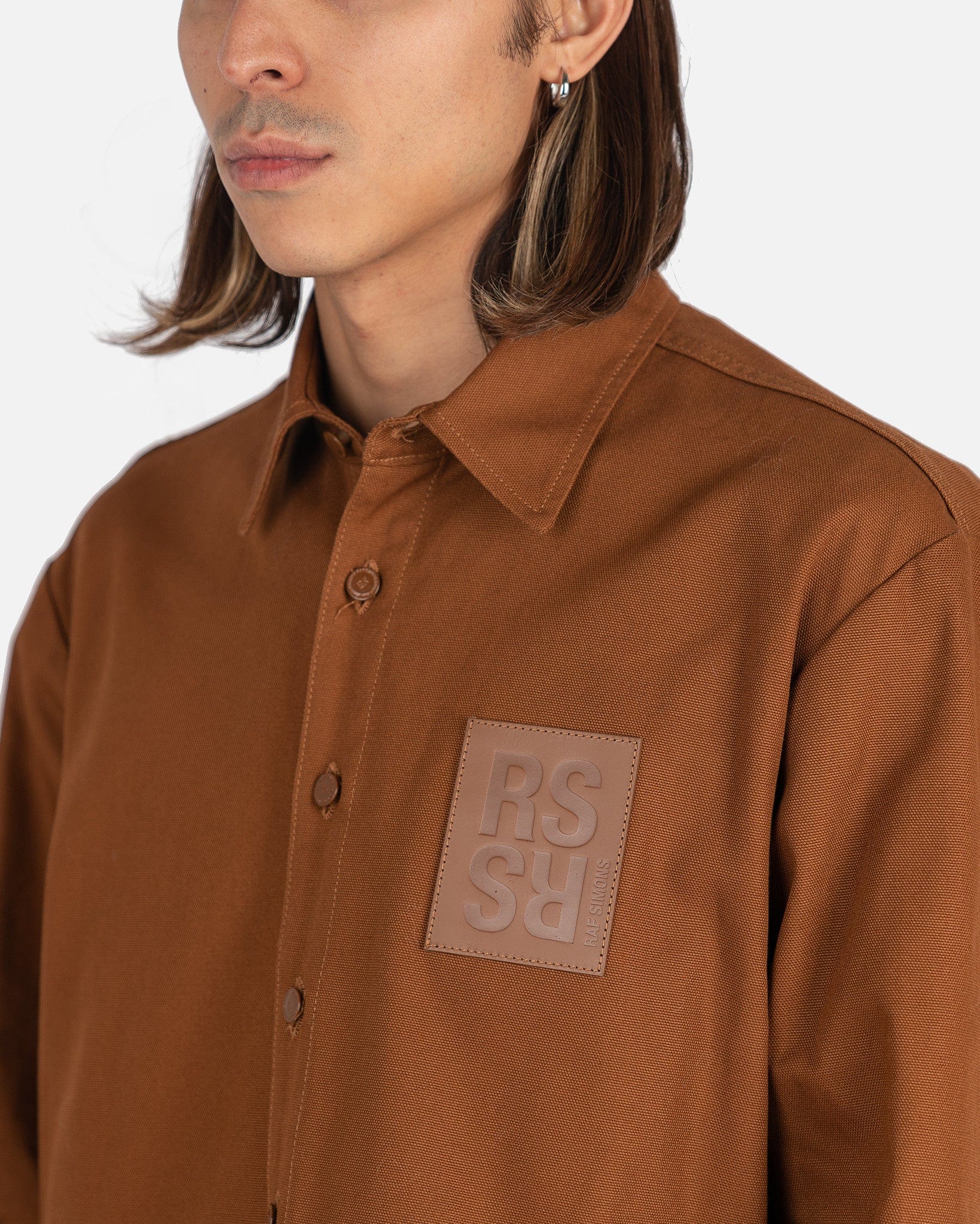Raf Simons Men's Shirt Straight Fit Denim Shirt with R Pin in Back in Dark Brown