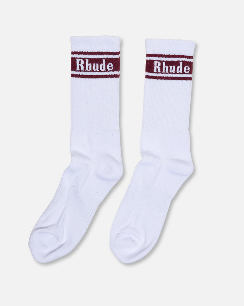 Rhude Men's Socks Stripe Logo Sock in White/Maroon
