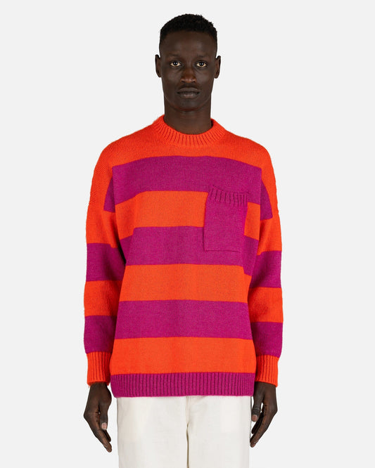 JW Anderson Men's Sweatshirts Striped Patchpocket Crewneck Jumper in Pink/Red